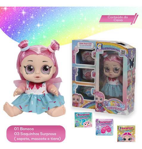 Boneca Rainbow Surprise Olhos Grandes 2707 + 3 Surpresas
