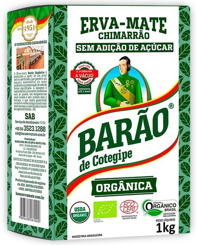 Erva Mate Chimarrão Orgânica A Vácuo Barão De Cotegipe 1kg