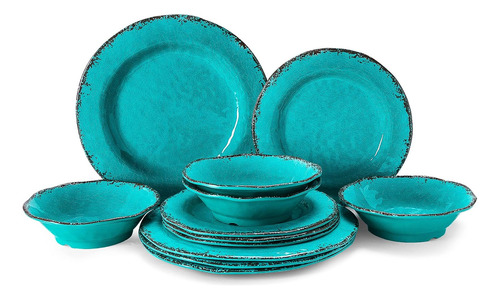 Set De Platos Comedor Melamina Azul 12 Pz Vintage Melamine D