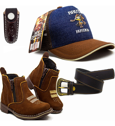 Kit Infantil Botina Cowboy Bota Criança Cinto Bone Bainha