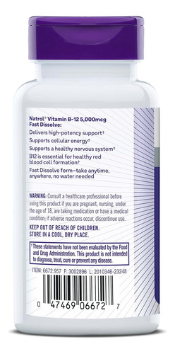 Natrol | Vitamin B12 5000 Mcg | Cyanocobalamin | 100 Tabs Frutilla
