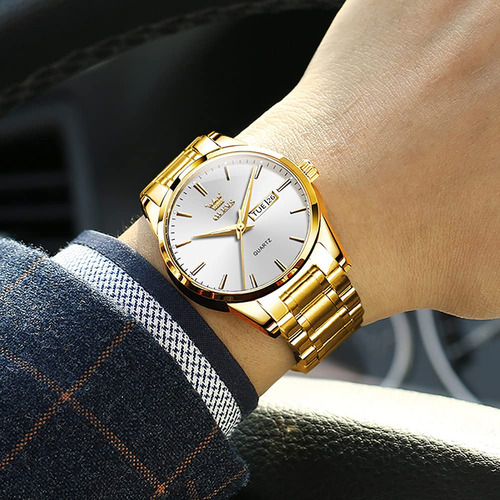 Reloj Olevs Para Hombre, Acero Inoxidable Dorado, Esfera Bla