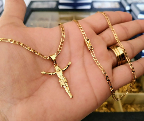 Cordão 3x1 + Cruz Jesus Cristo Tungstênio + Cor Dourado