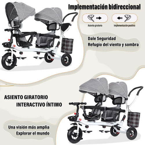 Triciclo Bicicleta Carriola Para Bebé En 1 Doble Asiento Con Toldo Ajustable Asiento Giratorio 360 Yuanxin Gris