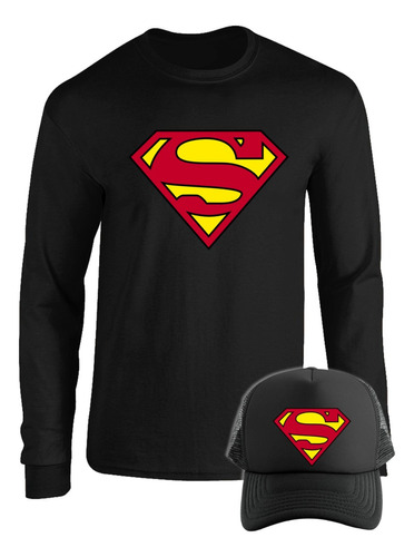 Superman Camiseta Manga Larga Camibuso Gorra Combo