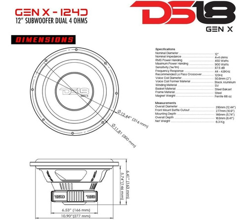 Subwoofers Ds18 De 900watts Gen-x124d Doble Bobina Potente Color Negro Con Rojo