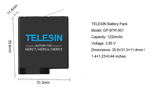 Imagen 3 de 3 de Baterias Para Gopro Hero 8 /7/6/5 - Telesin