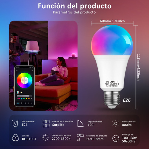 Foco Inteligente Bombilla Wifi Rgbcw 9w Led Alexa Multicolor
