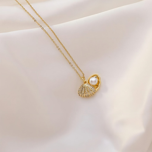 Collar Dije De Concha Con Perla Marina Ostra De Mar Con Piedra Preciosa Chapada En Oro De 18k Para Mujer Dama Elegante Color Dorado