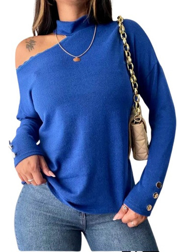 Remera Lanilla Cuello Choker C/ Botón Dama