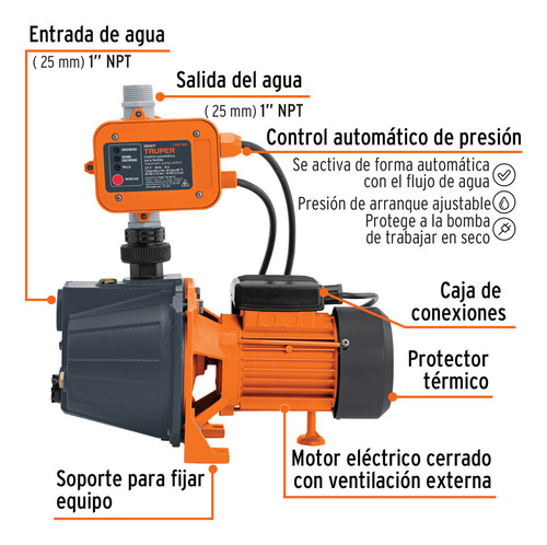 Bomba presurizadora jet cabezal de hierro 1/2 HP con control automático de presión Truper PRE-1/2