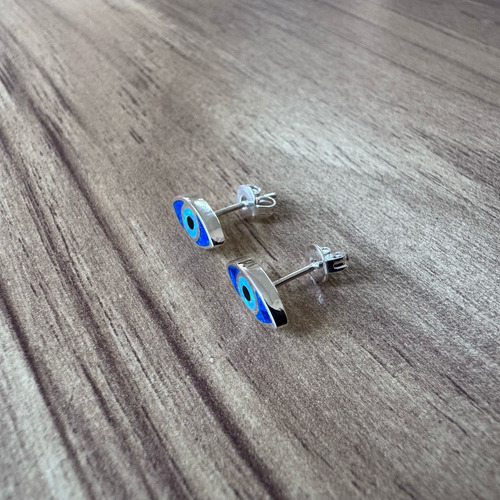 Arete Broquel Plata 925 Ojo Opalo Azul Mujer Agálea