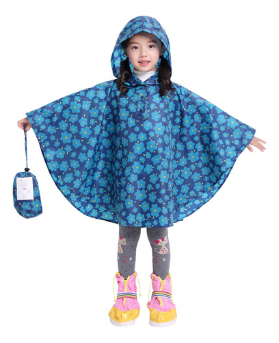 Poncho Impermeable Para Niñas Talla M Azul Diseño Floral