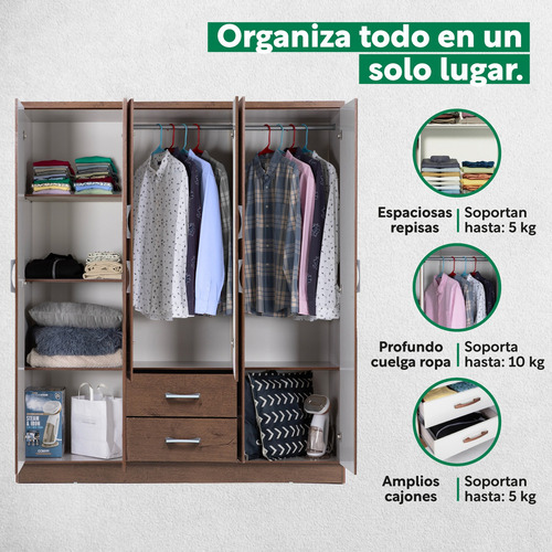 Closet Armario Estructura En Mdp Con 6 Puertas Y Cajones Moderno Color Café Kingshouse