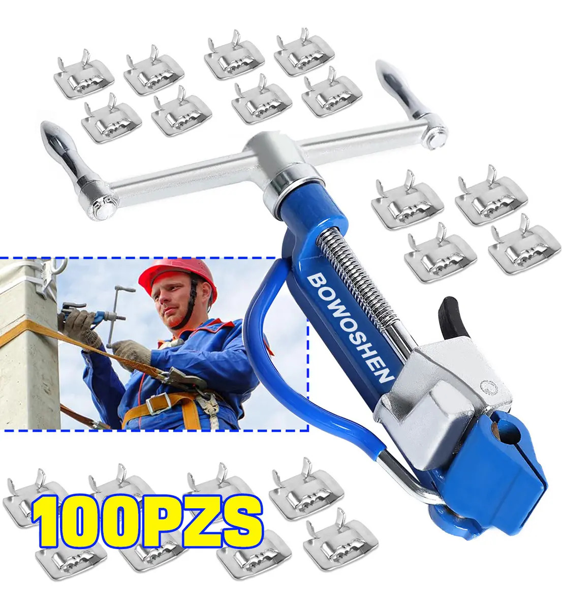 Flejadora Manual Para Fleje De Acero Inoxidable Con 100 Grapas BOWOSHEN Flejadora Manual Para Fleje Metálico, Kit Flejadora De Acero Inoxidable Herramienta para Construcción
