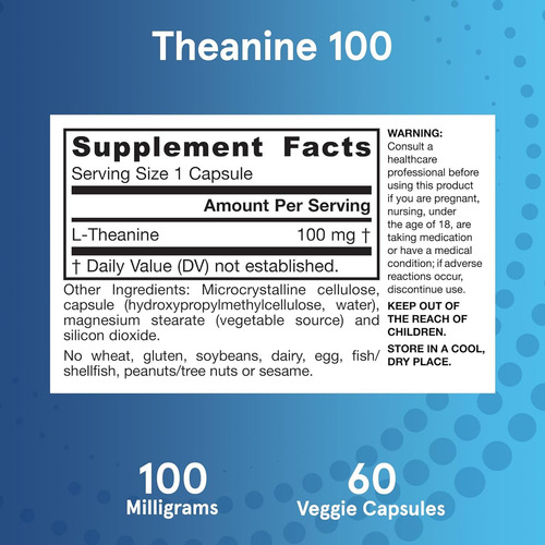 Jarrow Formulas Teanina 100, 100 Mg 60 Cápsulas Sabor Sin sabor