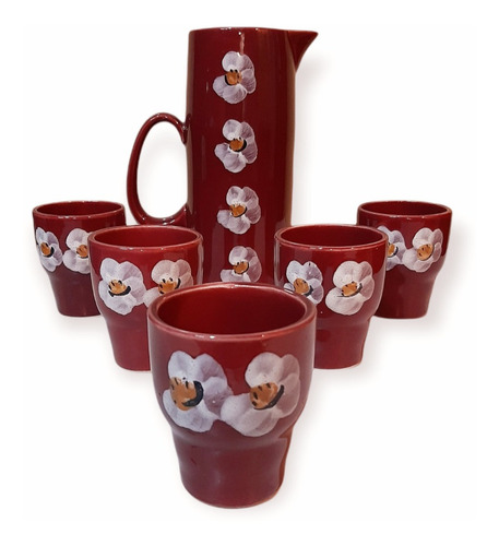 Juego De 5 Vasos + Jarra Vino Ceramica Red Flowers