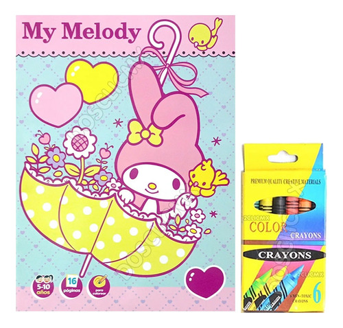 10 Libros Colorear Niños Sanrio Melody + 10 Crayolas 6 Pzs