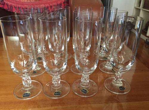 12 Copas Champagne Cristal Bohemia Glass Pie Tallado Antigua