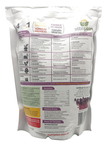 Fertilizante 4em1 Torta Farinha Humus Carvão (700g) Vitaplan