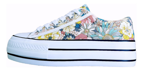 Imagen 2 de 7 de Zapatilla De Lona Mujer Con Plataforma 4 Cms Diseño Flores