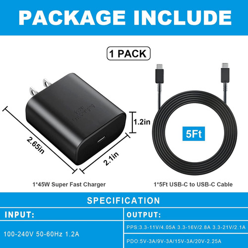 Oxyglow Cargador Rápido Usb C De 45 W Para Cargador Samsung Tipo C, Usb C Cargador De Teléfono Android Con 2m Cable Carga Rápida, Para Galaxy S23 Ultra/s23/s23+/s22/s22+/note10/note20/s20/s21/s10