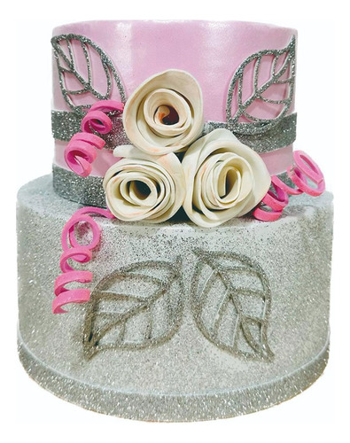 Bolo Fake Prata De Gllitter E Rosa - Com Super Rosas Luxo