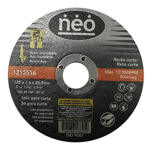 Disco Abrasivo De Corte Acero/acero 125 X1.6 Neo - Ynter Ind