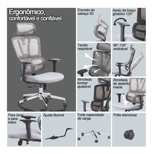 Cadeira De Escritório Ajuste Encosto Ergonômica Branca E Cinza Com Estofado De Malha 150kg