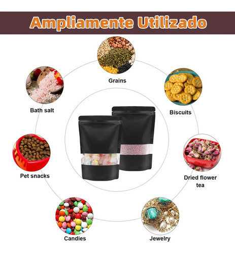 ' 100pcs Bolsas Stand Up Pouch Kraft Negro Con Ventana