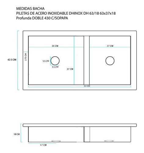 Imagen 2 de 6 de Bacha Pileta Doble 63 X 37 X 18 Cm Dhinox Acero Inoxidable