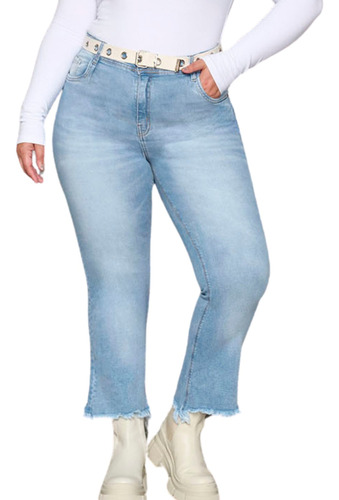 Jeans Oxford Crop Celeste De Mujer Tiro Alto Talles Grandes