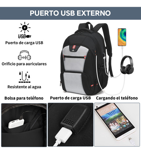 Nomara Mochila De Viaje Laptop 17 Pulgadas Impermeable Antirrobo,mochila Escolar,grande 50l Con Interfaz Usb, Color Gris