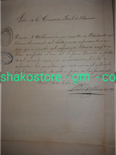 Documento De 1868 Firmado Ricardo Williams Banco De Salto 