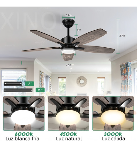 42''ventilador De Techo Con Luz Led Y Control Remoto,lampara 1.067 M 60hz Negro Amarillo Madera 5