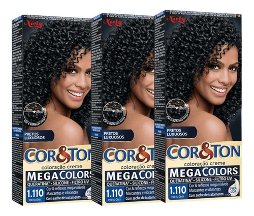 Tinta De Cabelo Coloração Creme Cor&ton Preto Onix Kit C/3