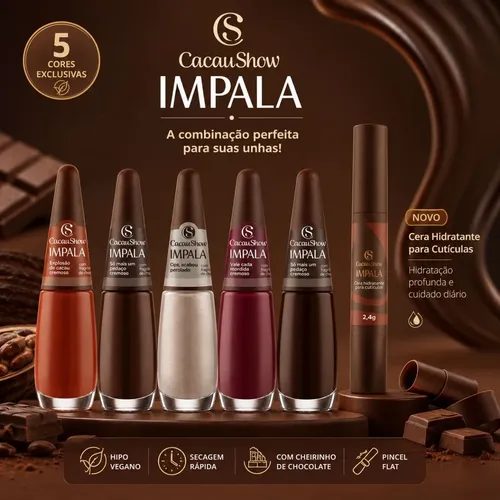 Impala Cacau Show Kit 5 Esmaltes + Cera Hidratante Cutícula Chocolate