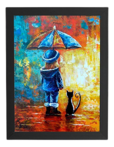 Menina Guarda Chuva Gato Quadro Moldura Preta 60x40cm