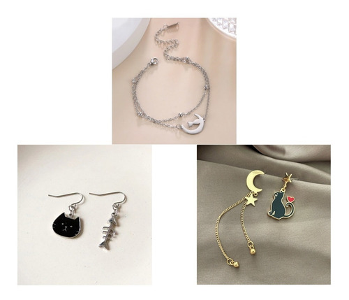 Set De Aretes Y Pulsera Gatos