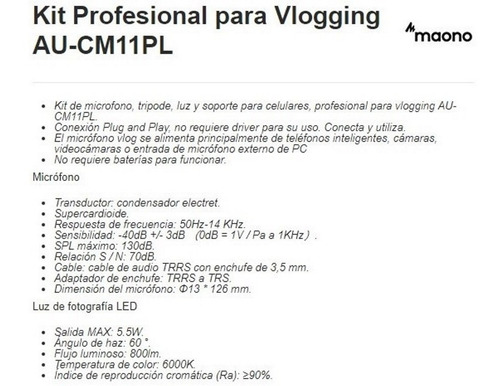 Imagen 10 de 10 de Microfono Profesional + Luz Led + Soporte Vlog Maono Cm11pl