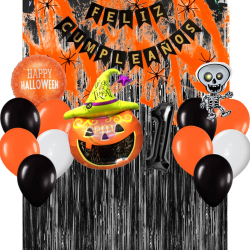 Combo Cumpleaños Globos Tematica Halloween Naranja