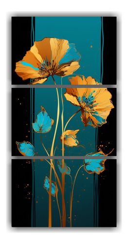 75x150cm Conjunto 3 Cuadros Neonoir Turquesa Y Oro Flores