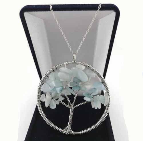 Colgante Árbol De La Vida Aguamarina Natural Cadena  Plata