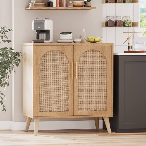 Gabinete De Almacenamiento De Ratán Con Puertas, Moderno Y F Natural