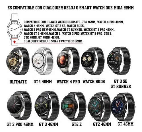 Correa 22mm Acero Para Huawei Watch Gt5 Pro Gt4 Gt3 Gt2 46mm