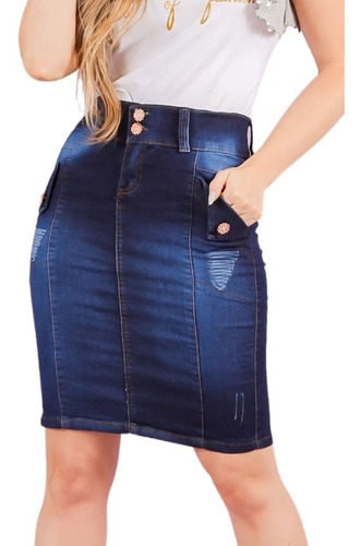 Imagem 1 de 6 de Saia Jeans Evangélica C/ Sobreposição E Desfiados - Sg4000