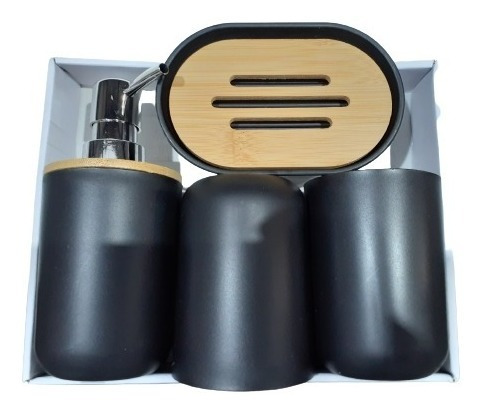 Imagen 9 de 9 de Set De Baño X4 Dispenser Portacepillo Vaso Jabonera Bambú