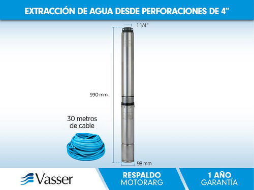 Imagen 4 de 8 de Bomba Sumergible Pozo Vasser 1.5 Hp 4 Pulgadas + 30 Mts Cabl