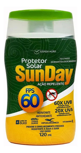 Protetor Solar Fps 60 Com Repelente Sunday 120ml