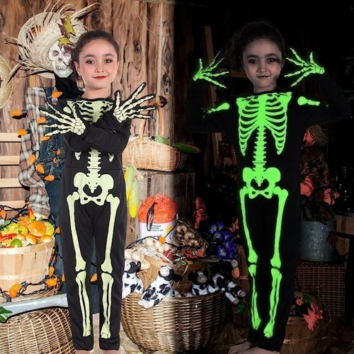 Imagen 2 de 5 de Disfraz Esqueleto Halloween Brilla En Oscuridad Teletiendauy